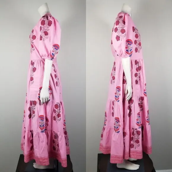 Oliphant Tuckernuck Boca Pink Puff Sleeve Midi Cotton Block Print Dress Size S - Picture 4 of 15